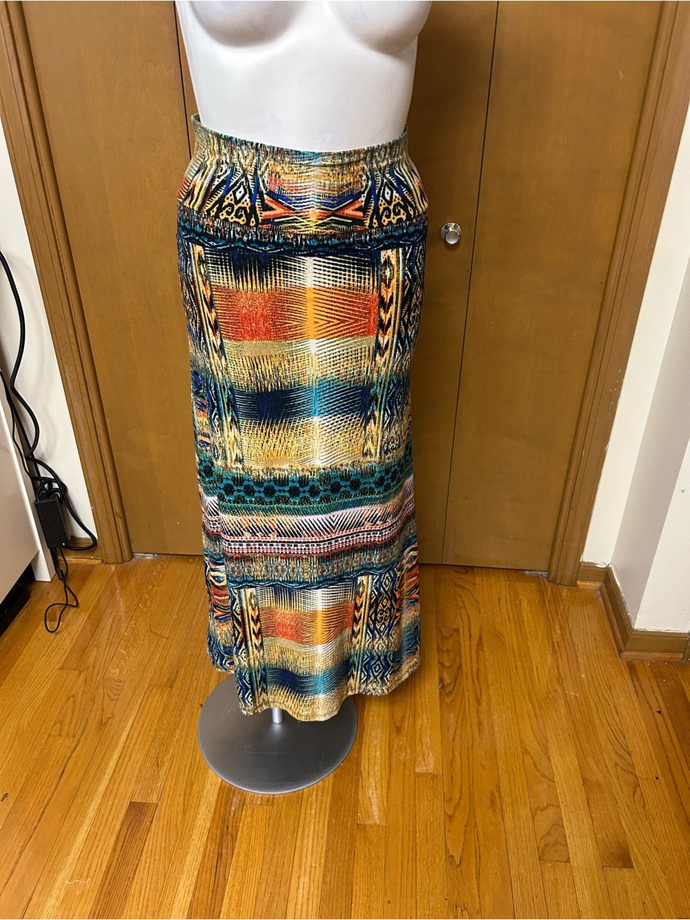 Hot Kiss Multi-Color Printed Maxi Skirt with Teal & Orange Accents